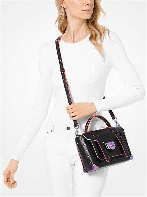 manhattan medium contrast-trim leather satchel white